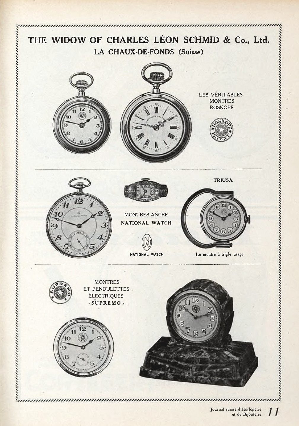 aus: Journal Suisse d’Horlogerie et de Bijouterie 1929 Nr. 11
